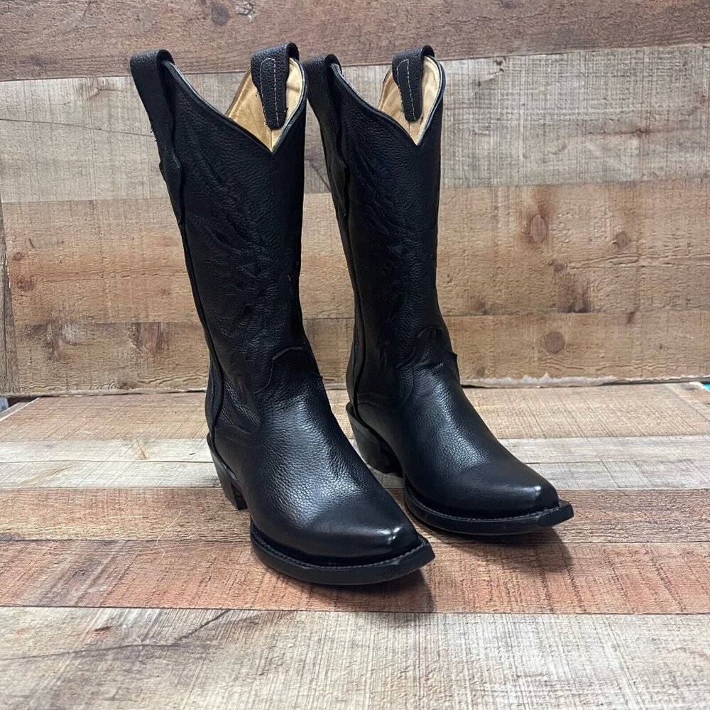 Women's Western Rodeo Cowgirl Black Pointy Boots Genuine Leather High Heel Boots